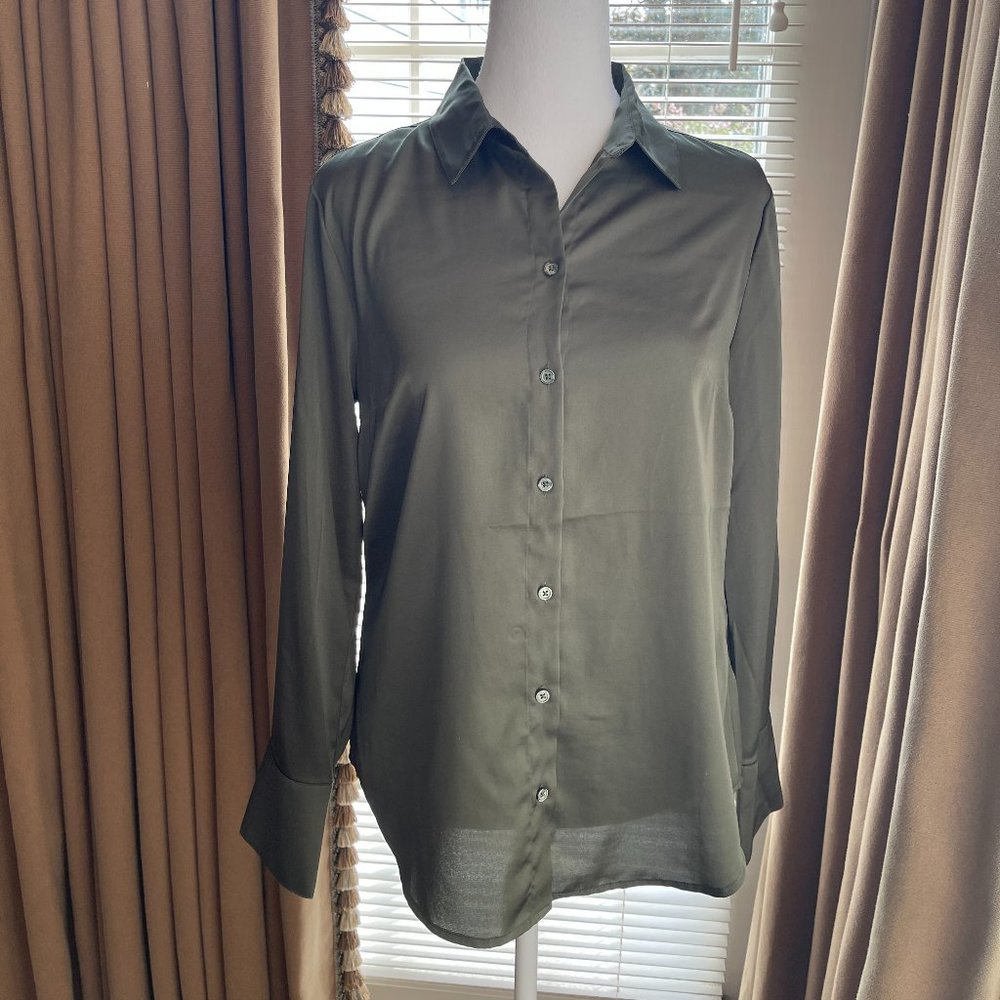 NWOT - Banana Republic Satin long sleeve Classic Fit Blouse, Olive Green, Sz S